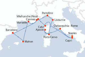 Carte de l'itinéraire de croisière Barcelone-Barcelone d'une durée de 14 jours