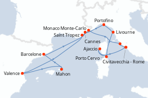 Carte itinéraire croisière Monaco, France, Espagne, Italie - 14 jours au départ de Civitavecchia - Rome - Méditerranée
