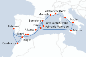 Carte de l'itinéraire de croisière Barcelone-Barcelone d'une durée de 20 jours