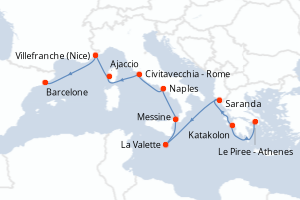 Carte de l'itinéraire de croisière Le Piree - Athenes-Barcelone d'une durée de 11 jours