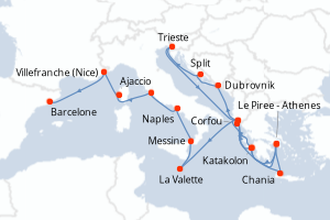 Carte de l'itinéraire de croisière Le Piree - Athenes-Barcelone d'une durée de 21 jours