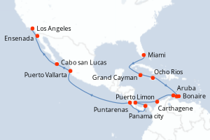 Carte de l'itinéraire de croisière Miami-Los Angeles d'une durée de 22 jours