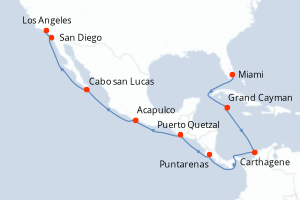 Carte itinéraire croisière Caïmans (Îles), Colombie, Costa Rica, Guatemala, Mexique, États-Unis - 16 jours au départ de Miami - Amérique du Nord