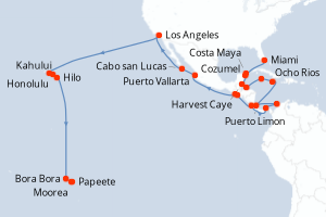 Carte itinéraire croisière Belize, Honduras, Caïmans (Îles), Jamaïque, Colombie, Panama, Costa Rica, Salvador, Guatemala, Mexique, États-Unis, France - 42 jours au départ de Miami - Tahiti