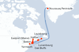Carte de l'itinéraire de croisière Boston-Boston d'une durée de 13 jours