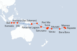 Carte itinéraire croisière Îles Fidji, Tonga, Cook, îles de la Société et Bali - 35 jours au départ de Papeete - Tahiti
