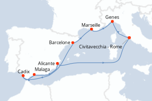 Carte itinéraire croisière Italie, France, Espagne - 10 jours au départ de Civitavecchia - Rome - Méditerranée