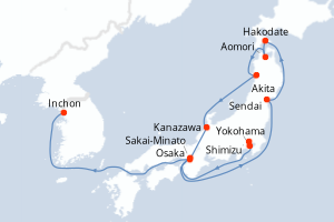 Carte de l'itinéraire de croisière Yokohama-Inchon d'une durée de 11 jours