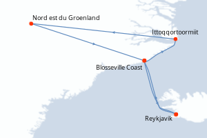Carte itinéraire croisière Banquise inexplorée du nord-est du Groenland - 14 jours au départ de Reykjavik - Europe du Nord
