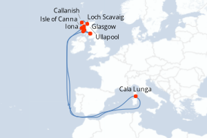Carte de l'itinéraire de croisière Glasgow-Glasgow d'une durée de 7 jours