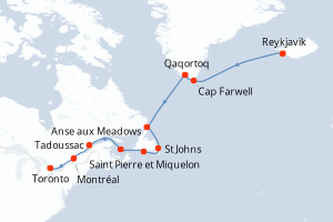 Carte de l'itinéraire de croisière Reykjavik-Toronto d'une durée de 15 jours