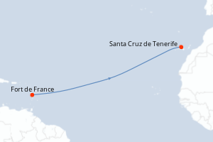 Carte de l'itinéraire de croisière Fort de France-Santa Cruz de Tenerife d'une durée de 10 jours