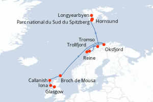 Carte de l'itinéraire de croisière Glasgow-Longyearbyen d'une durée de 13 jours