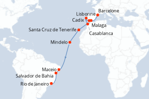 Carte de l'itinéraire de croisière Barcelone-Rio de Janeiro d'une durée de 19 jours