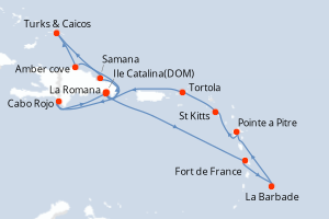 Carte de l'itinéraire de croisière La Romana-La Romana d'une durée de 14 jours