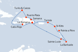 Carte itinéraire croisière Rép.Dominicaine, Antilles, Iles Vierges, Turks et Caicos - 14 jours au départ de La Romana - Caraïbes Bahamas