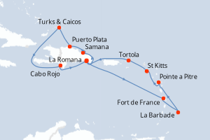 Carte itinéraire croisière Rép.Dominicaine, Antilles, Iles Vierges, Turks et Caicos - 14 jours au départ de La Romana - Caraïbes Bahamas