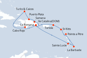 Carte itinéraire croisière Rép.Dominicaine, Turks et Caicos, Antilles, Iles Vierges - 14 jours au départ de La Romana - Caraïbes Bahamas