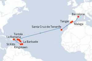 Carte itinéraire croisière Rép.Dominicaine, Antilles, Iles Vierges, Canaries, Maroc, Espagne - 21 jours au départ de La Romana - Transatlantique