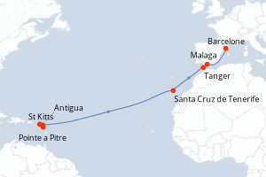 Carte de l'itinéraire de croisière Pointe a Pitre-Barcelone d'une durée de 14 jours