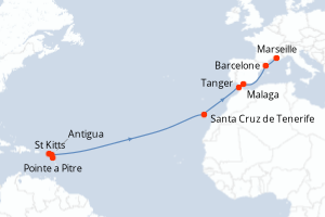 Carte de l'itinéraire de croisière Pointe a Pitre-Marseille d'une durée de 15 jours