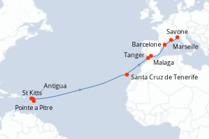 Carte de l'itinéraire de croisière Pointe a Pitre-Savone d'une durée de 16 jours