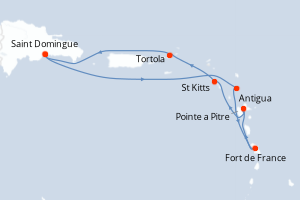 Carte itinéraire croisière Antilles, Iles Vierges - 7 jours au départ de Saint Domingue - Caraïbes Bahamas
