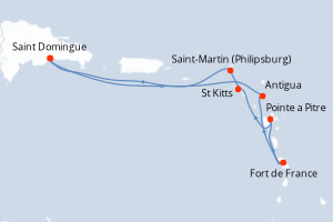 Carte de l'itinéraire de croisière Saint Domingue-Saint Domingue d'une durée de 7 jours