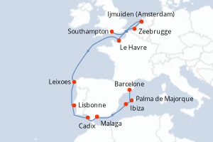 Carte de l'itinéraire de croisière Southampton-Barcelone d'une durée de 11 jours