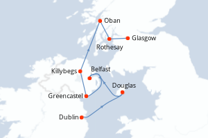 Carte de l'itinéraire de croisière Dublin-Glasgow d'une durée de 7 jours