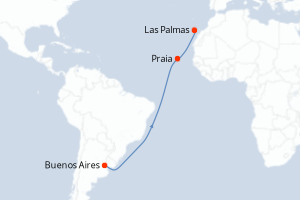 Carte de l'itinéraire de croisière Buenos Aires-Las Palmas d'une durée de 17 jours