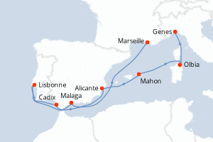 Carte de l'itinéraire de croisière Marseille-Genes d'une durée de 9 jours