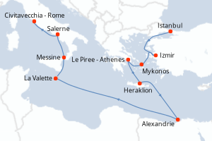 Carte de l'itinéraire de croisière Istanbul-Civitavecchia - Rome d'une durée de 14 jours
