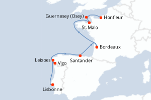 Carte de l'itinéraire de croisière Lisbonne-Honfleur d'une durée de 10 jours