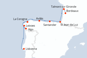 Carte de l'itinéraire de croisière Lisbonne-Bordeaux d'une durée de 9 jours