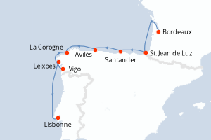 Carte de l'itinéraire de croisière Bordeaux-Lisbonne d'une durée de 9 jours