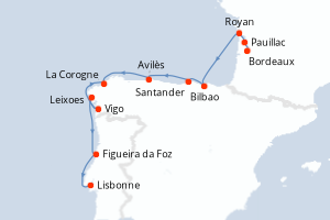 Carte de l'itinéraire de croisière Bordeaux-Lisbonne d'une durée de 10 jours