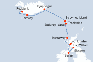 Carte de l'itinéraire de croisière Glasgow-Reykjavik d'une durée de 10 jours