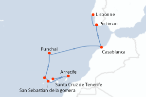 Carte de l'itinéraire de croisière Santa Cruz de Tenerife-Lisbonne d'une durée de 9 jours