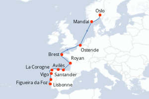 Carte de l'itinéraire de croisière Oslo-Lisbonne d'une durée de 12 jours