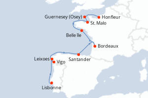 Carte de l'itinéraire de croisière Lisbonne-Honfleur d'une durée de 10 jours