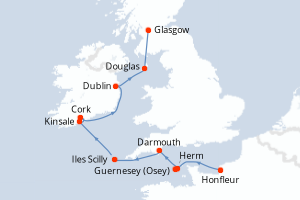 Carte de l'itinéraire de croisière Honfleur-Glasgow d'une durée de 8 jours