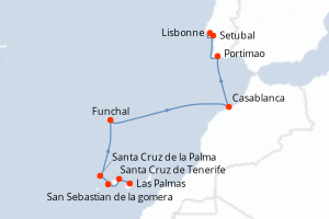 Carte de l'itinéraire de croisière Las Palmas-Lisbonne d'une durée de 10 jours