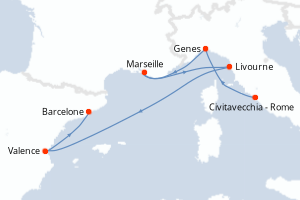 Carte de l'itinéraire de croisière Civitavecchia - Rome-Barcelone d'une durée de 6 jours