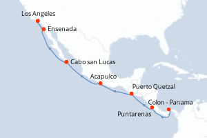 Carte de l'itinéraire de croisière Colon - Panama-Los Angeles d'une durée de 12 jours