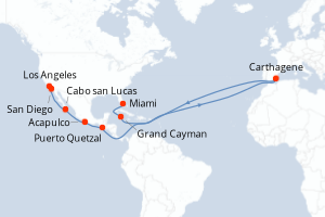 Carte itinéraire croisière États-Unis, Caïmans (Îles), Espagne, Guatemala, Mexique - 15 jours au départ de Miami - Amérique du Nord