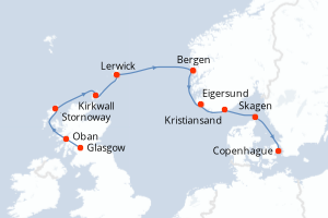 Carte de l'itinéraire de croisière Glasgow-Copenhague d'une durée de 9 jours