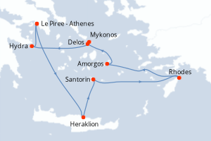 Carte de l'itinéraire de croisière Le Piree - Athenes-Le Piree - Athenes d'une durée de 7 jours