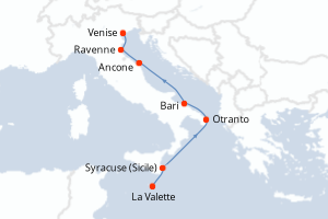 Carte de l'itinéraire de croisière La Valette-Venise d'une durée de 8 jours
