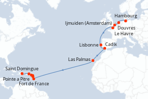 Carte de l'itinéraire de croisière Hambourg-Saint Domingue d'une durée de 22 jours